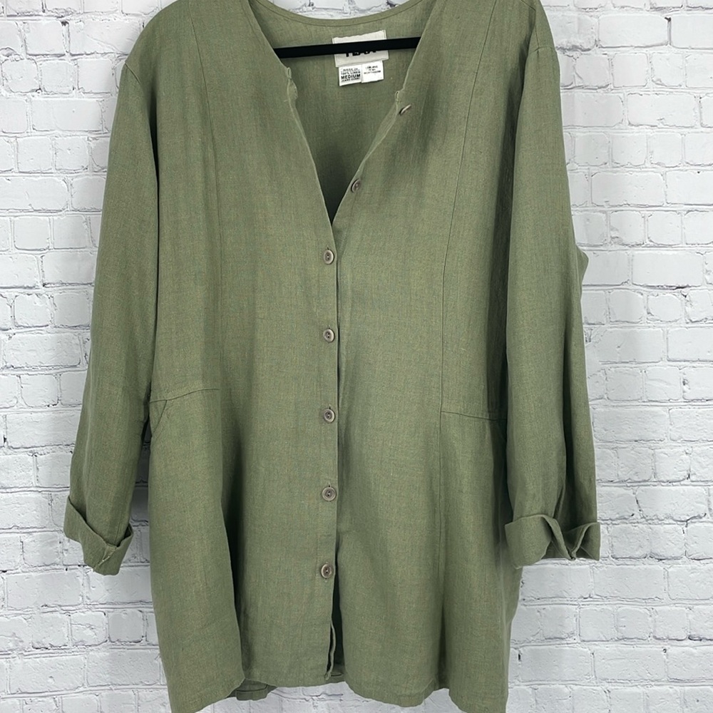 Flax Army Sage Green 100% Linen Button Down Top Size Medium